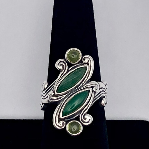 [vintage] Ornate .925 Sterling Silver Peridot, Prehnite & Malachite Ring Size 8 - Picture 11 of 16